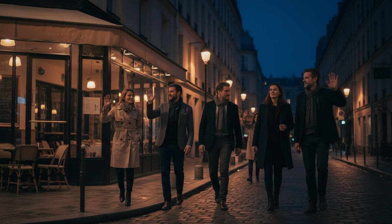 Five adults in normal clothing calmly exit a Parisian café at night, waving friendly goodbyes in a secure, relaxed end-of-evening atmosphere on a quiet street illuminated by soft streetlamps, dynamic composition in high-end modern editorial realistic style with night blue and orange tones.