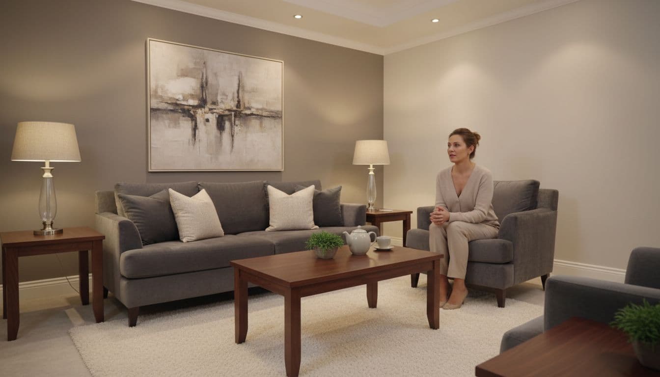 A person sits comfortably on plush velvet furniture within a neutrally decorated, dimly lit room. The tranquil atmosphere emphasizes a private, secure environment designed for open dialogue and respectful personal exploration.