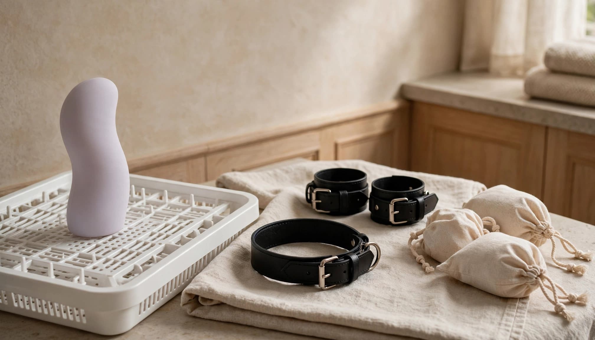 Un accessoire en silicone sèche sur une grille, avec un collier, des manchettes et des pochettes en coton.
