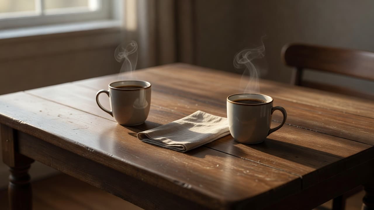 Deux tasses de café sont posées sur une table en bois sous une lumière douce d'après-midi.