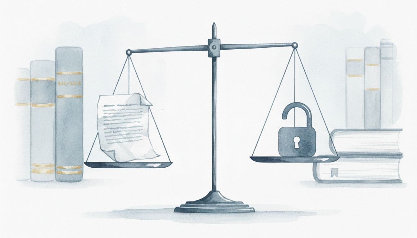 Slightly tilted justice balance holds crumpled contract on one side and open padlock on the other, blurred French law books background.