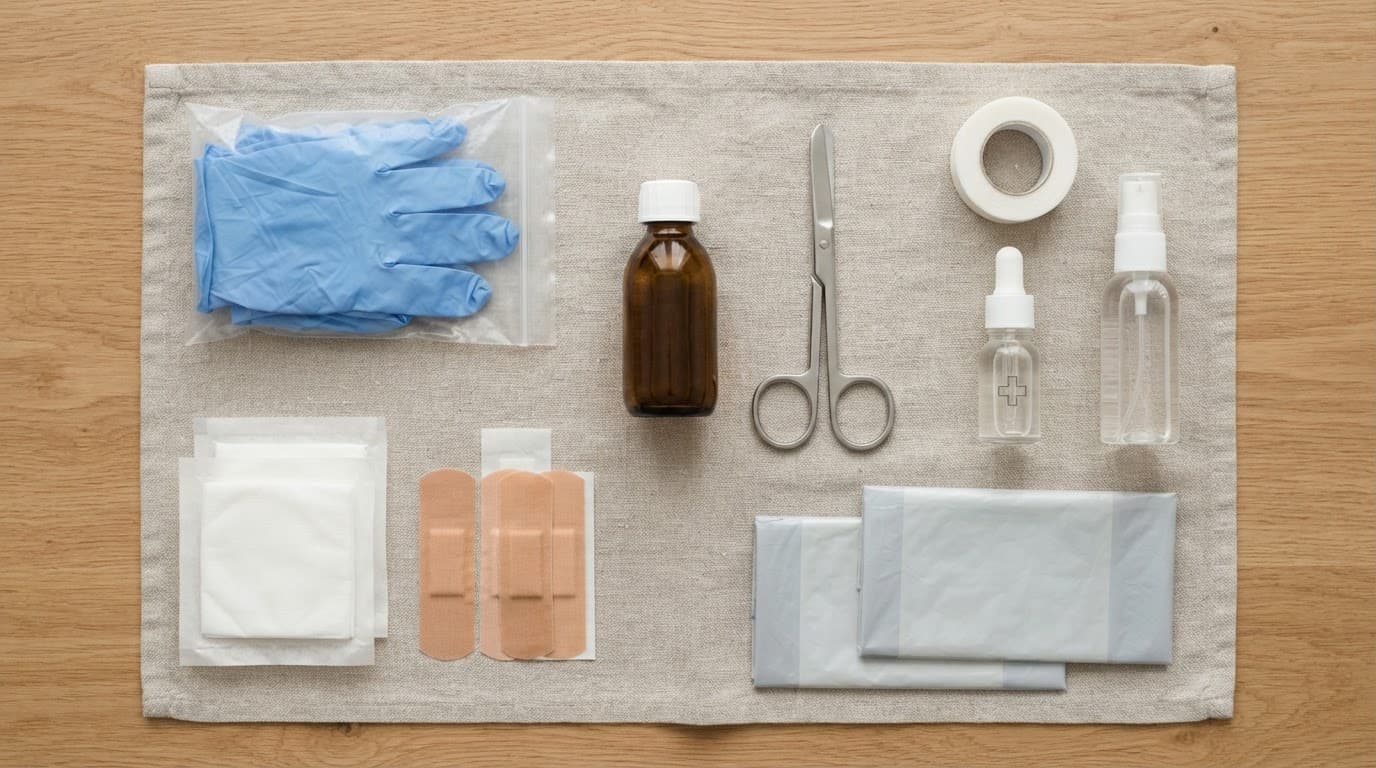 Trousse de premiers soins avec pansements, gants, compresses, antiseptique et ciseaux sur une table.