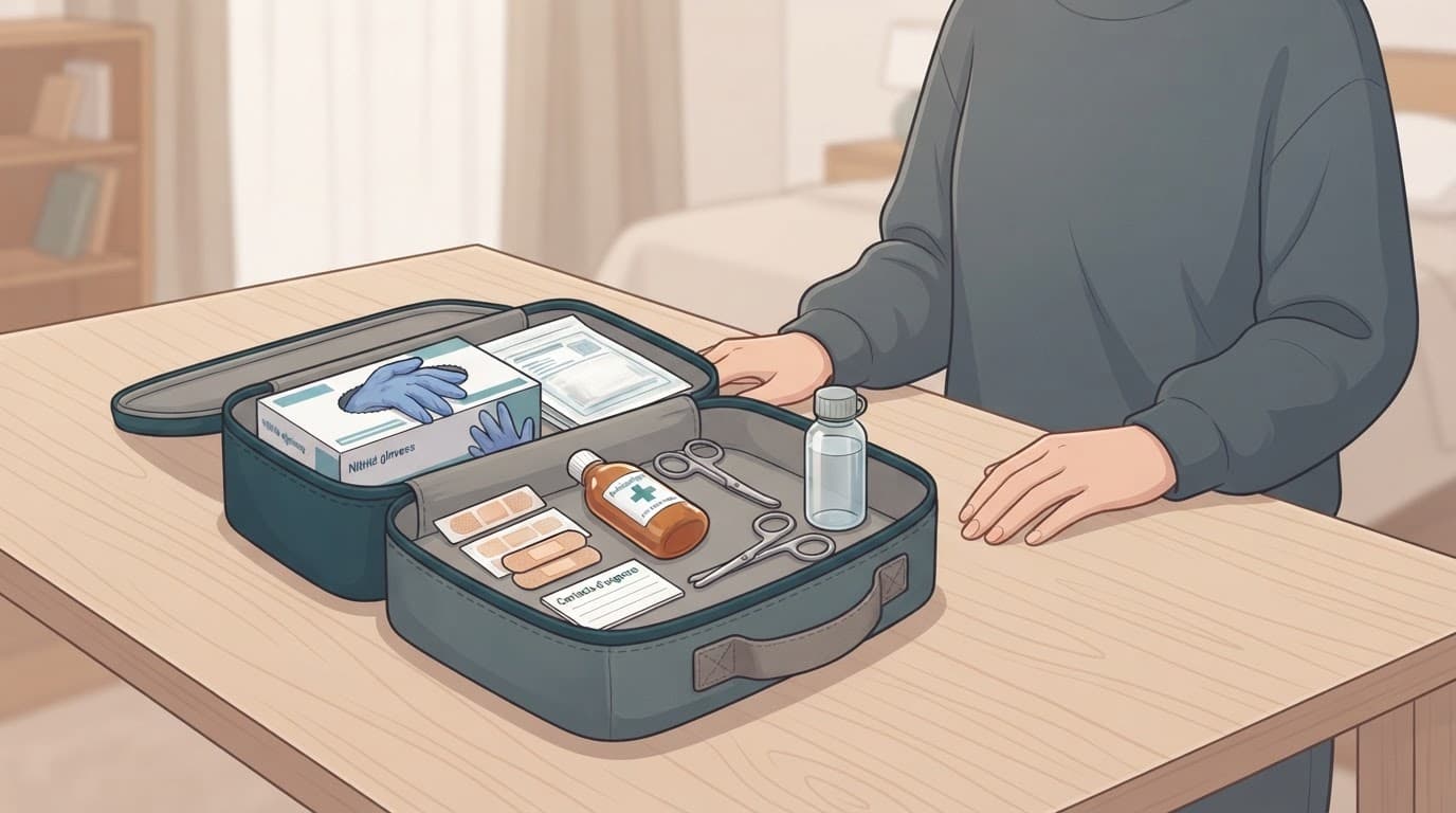 Trousse ouverte avec matériel d'hygiène et une main posée à côté.
