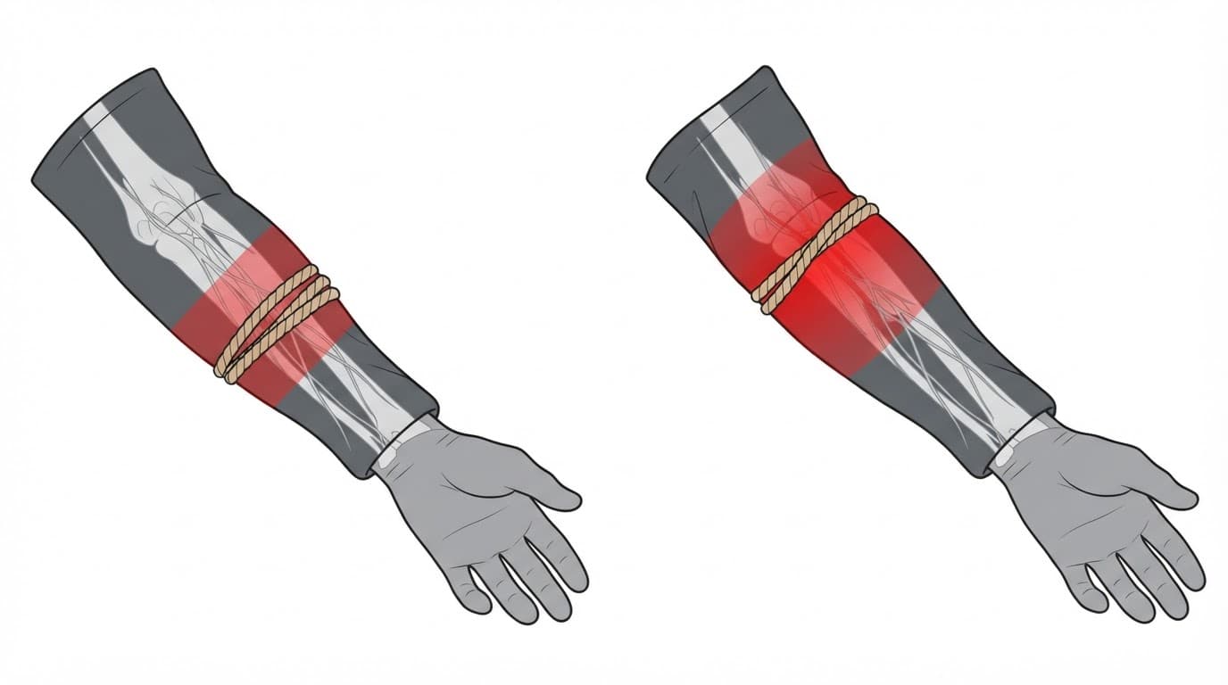 Deux vues d'un avant-bras montrent une corde et des zones rouges près du coude.