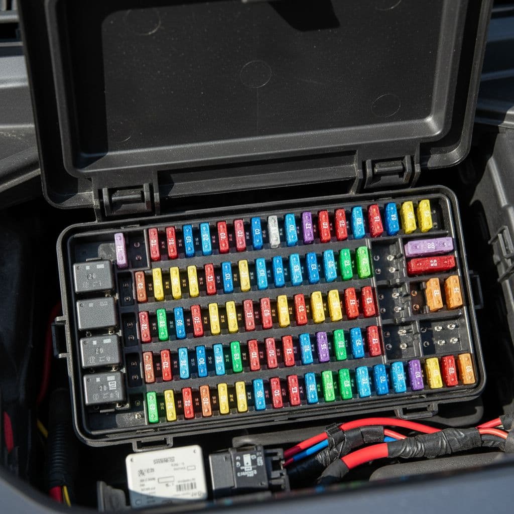A top-down view shows colorful electrical fuses neatly organized inside an open vehicle fuse box.