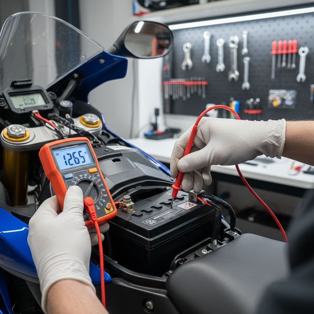 A mechanic uses multimeter probes to measure the voltage on motorcycle battery terminals in a bright workshop.