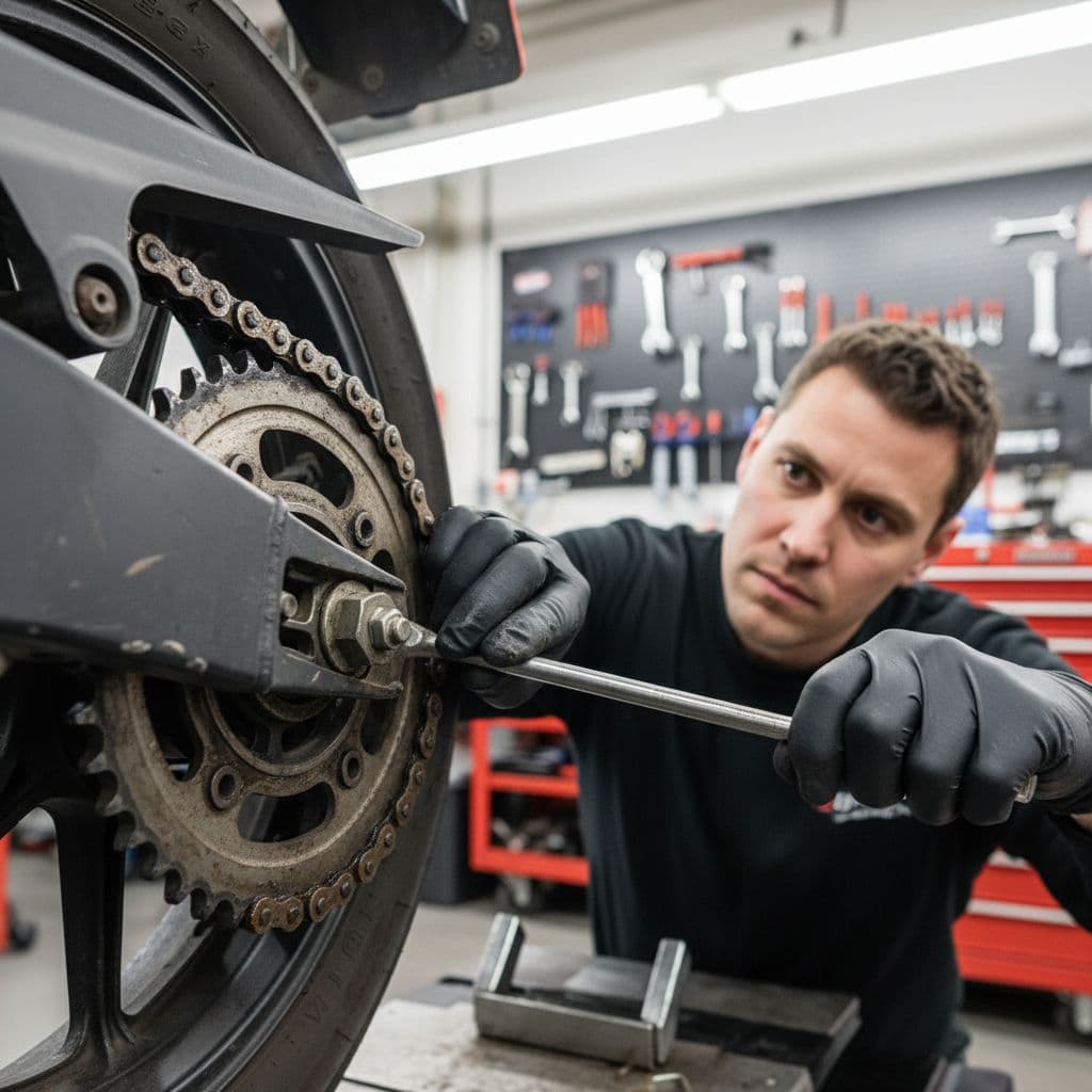A mechanic examines a motorcycle chain and sprocket for wear inside a brightly lit garage.