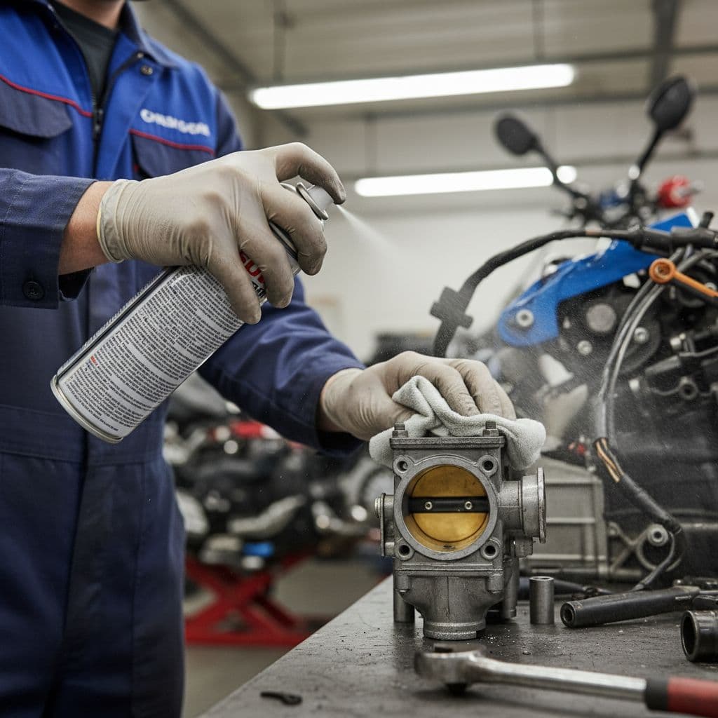 A mechanic uses a spray cleaner and cloth to clean an exposed motorcycle throttle body in a workshop.