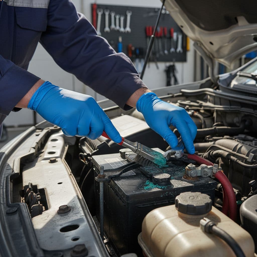 A mechanic checks the battery terminals under the hood of a vehicle to troubleshoot electrical issues.