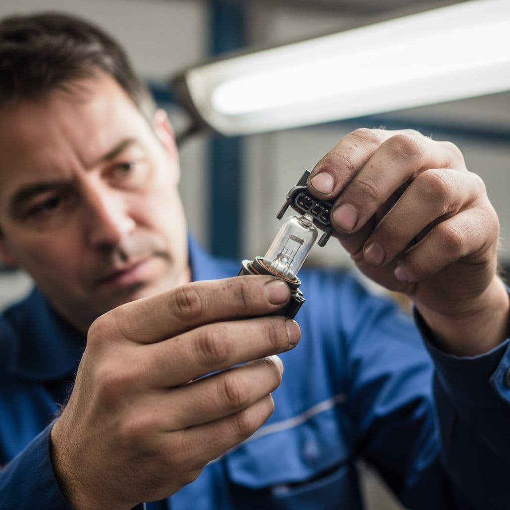 A mechanic holds a removed car headlight bulb and carefully inspects its electrical connector for damage.