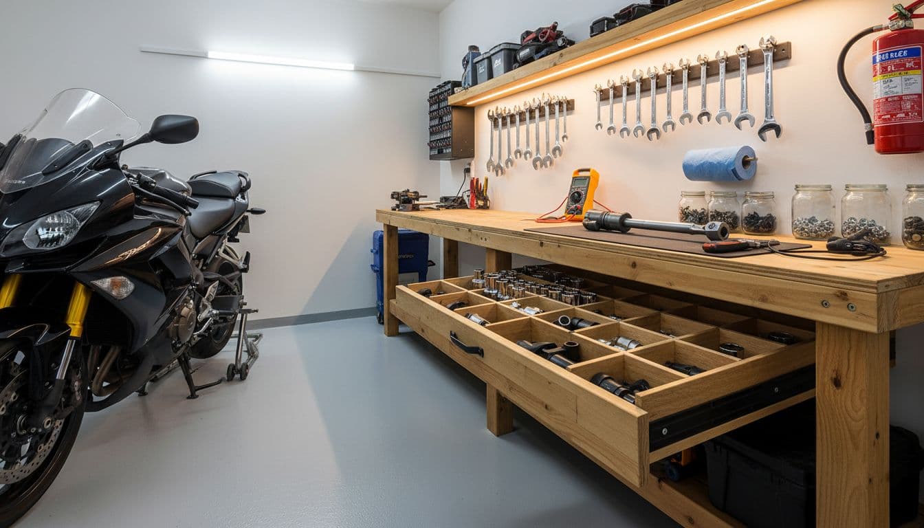 A clean garage workbench features an orderly collection of hand tools beside a partially visible motorcycle.