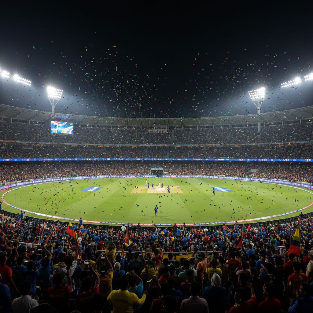 Cricket stadium at night packed with fans in colorful jerseys under bright lights.