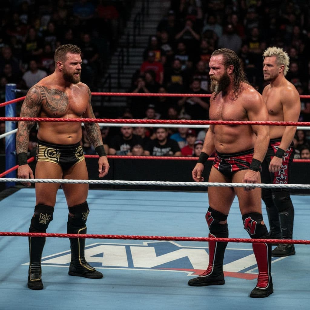 Two professional wrestlers stand in one ring corner staring at two opponents in the opposite corner under dramatic arena lights.