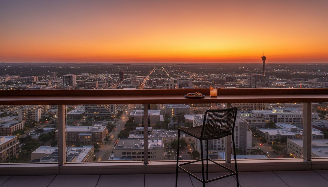 Photorealistic landscape of a serene rooftop bar in San Antonio at sunset, with a single bar stool overlooking the city skyline and hills, light bites and cocktail on the bar, orange sky with emerging city lights, relaxed vibe, no people.