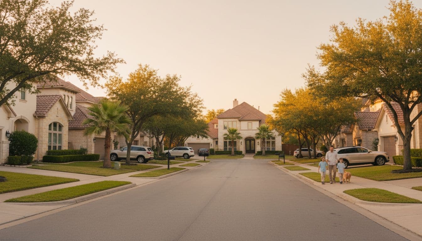Peaceful upscale suburban street in north San Antonio's Stone Oak neighborhood during golden hour, with modern homes, lush green lawns, mature trees, a single family of four walking their dog, and clean parked SUVs.