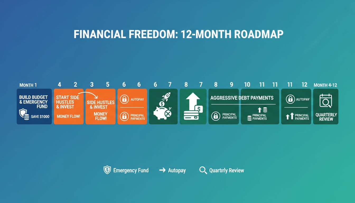 A clean 12-month calendar roadmap with icons for emergency fund, autopay, principal payments, side hustles, and quarterly reviews. Image created with AI.