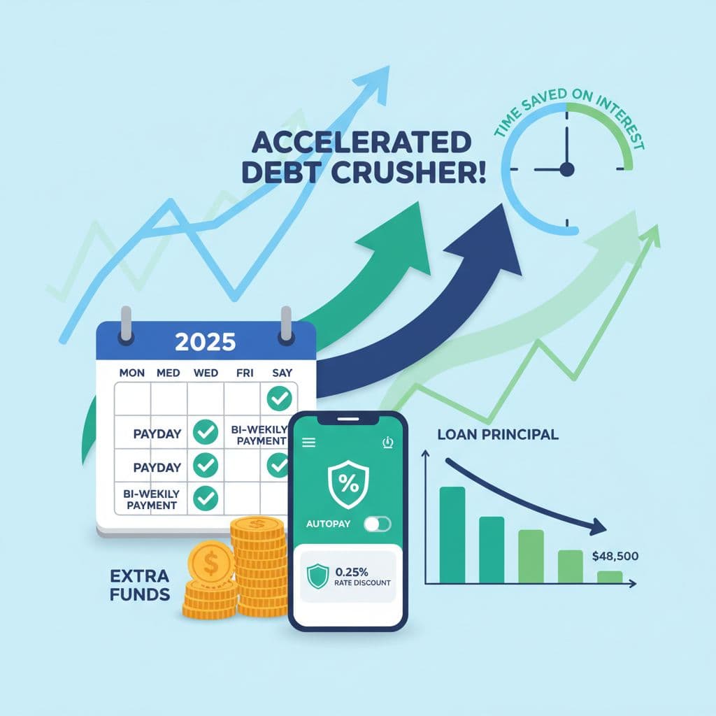 Dynamic illustration showing biweekly payments on a calendar, autopay setup with a rate discount, and arrows directing extra funds to principal. Image created with AI.