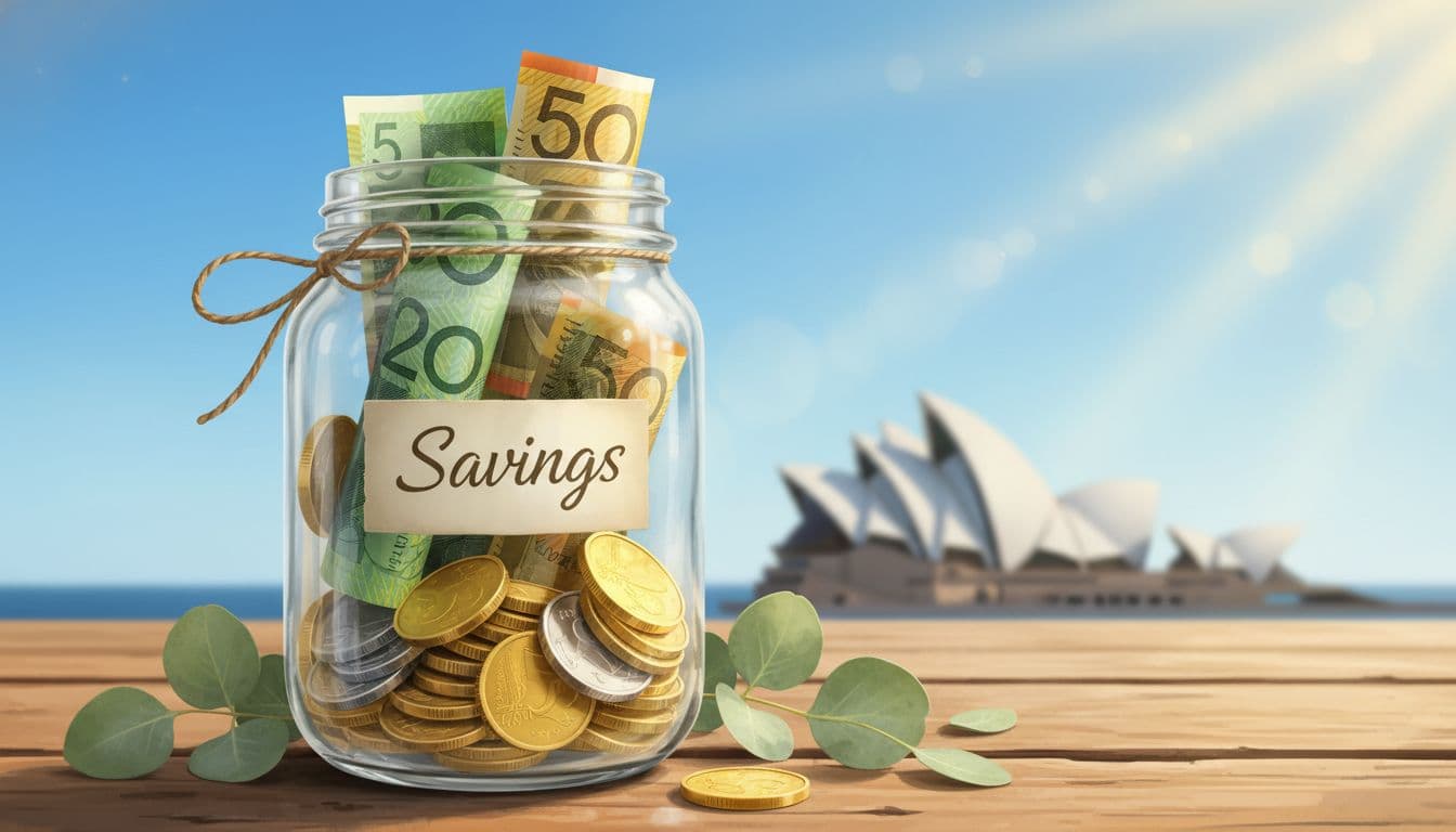 A clear glass jar filled with Australian dollar coins and notes on a wooden table, eucalyptus leaves and a subtle Sydney skyline in the background, bright sunlight suggesting growth and security.