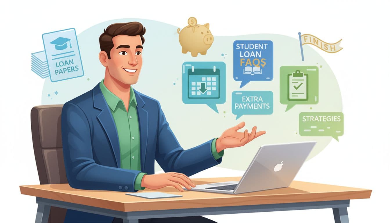 Confident advisor pointing to student loan FAQ icons like a calendar, money bag, and checklist in a bright office. Image created with AI.