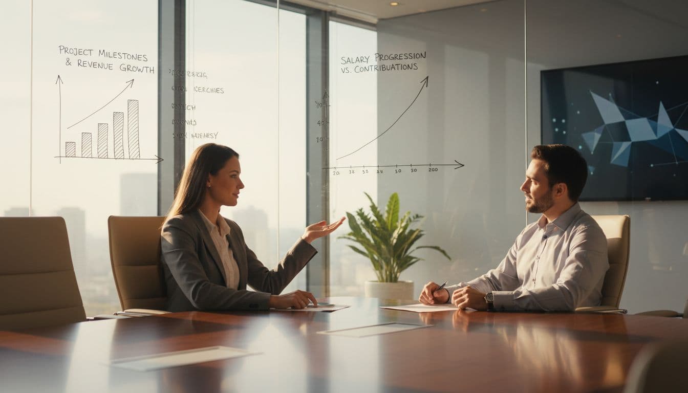 A professional confidently discussing a raise with their manager in a bright office, with charts of recent wins in view. Image created with AI.