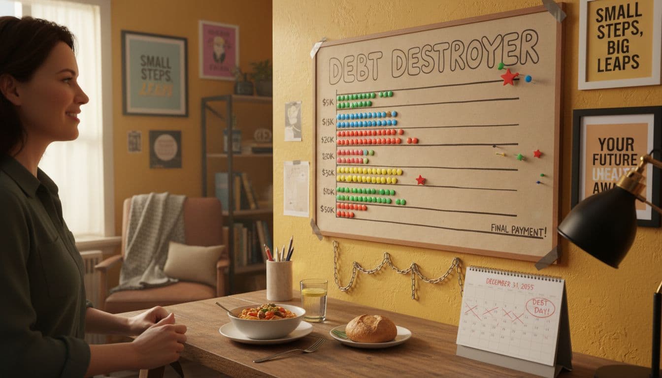 A determined person pinning a colorful debt progress chart on a wall, with simple rewards and a calendar countdown in a cozy home office. Image created with AI.