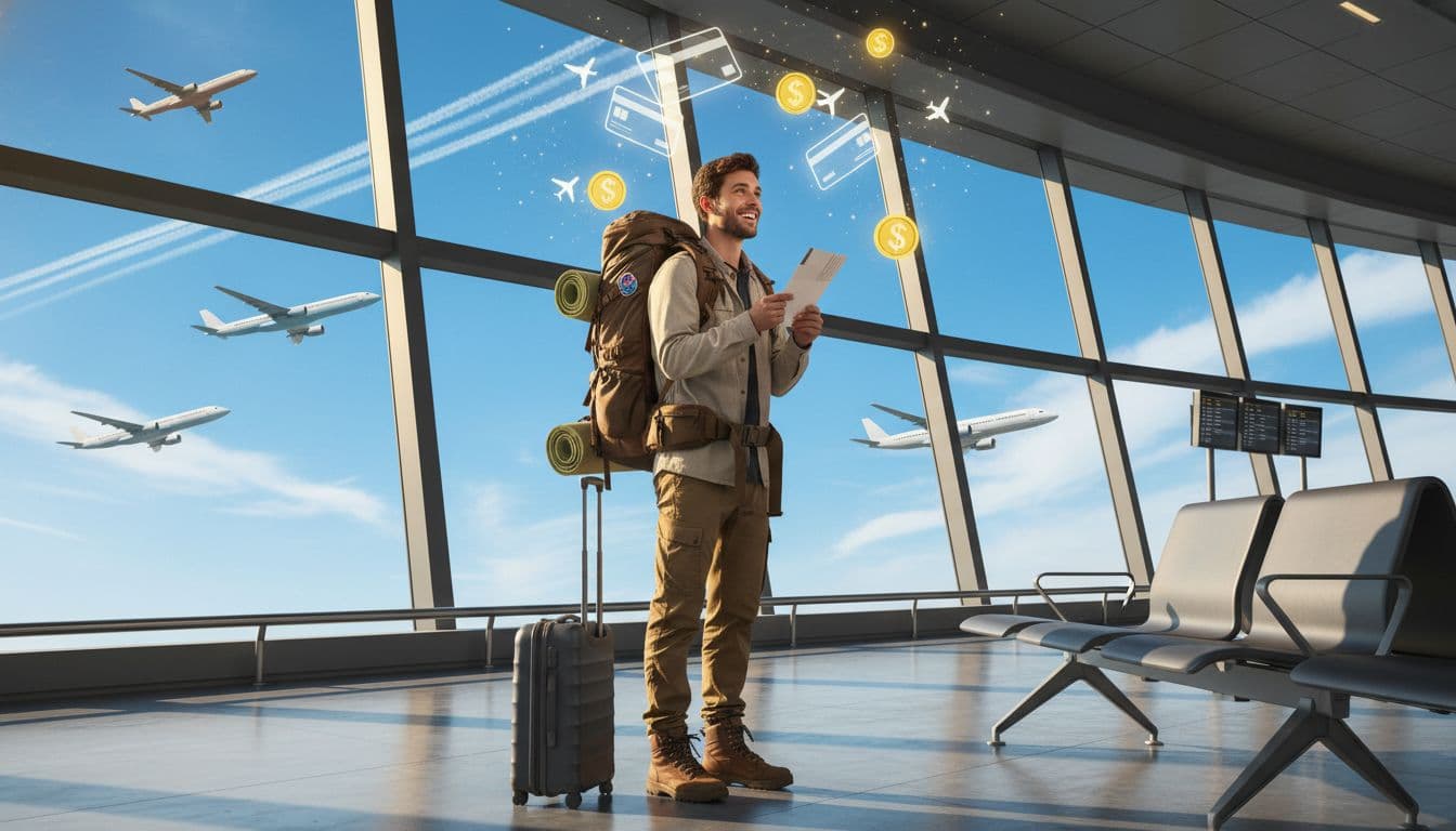 Young traveler at an airport gate with subtle icons of credit cards, planes, and points, optimistic mood, photorealistic