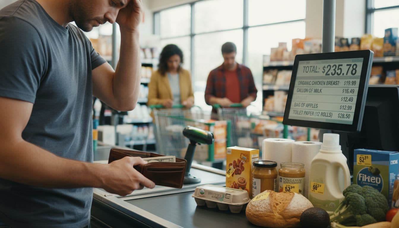 Shopper at checkout noticing higher prices on everyday items