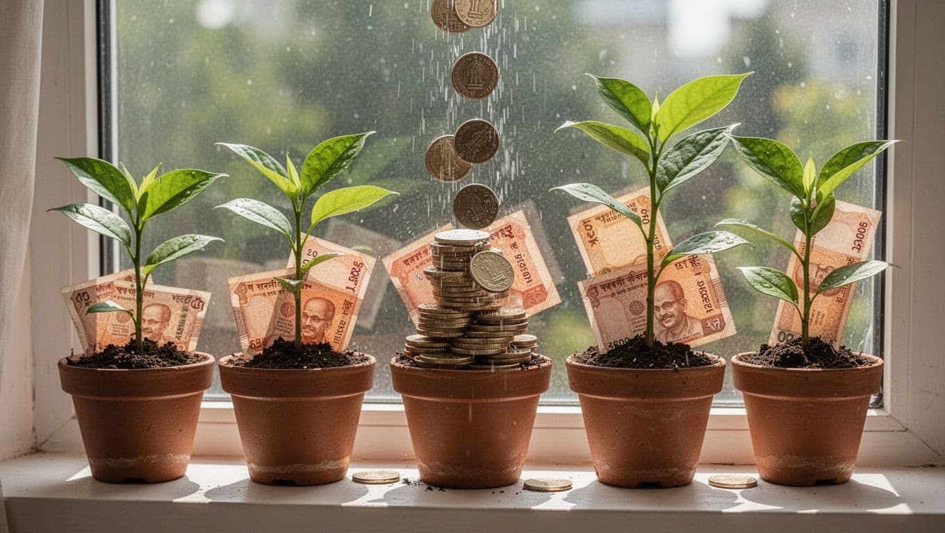 Stack of Indian rupees growing like plants in pots on a sunny windowsill, symbolizing interest growth in savings account. Coins raining lightly into the pots in a simple illustrative style with realistic textures.