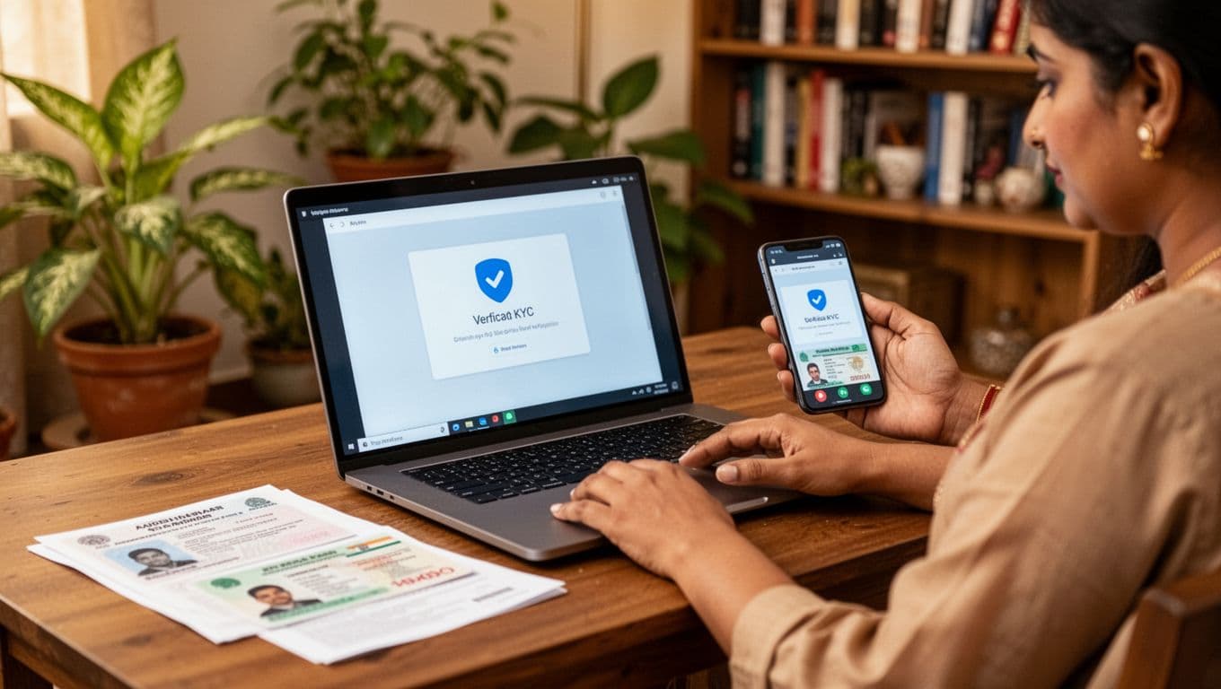 An Indian individual relaxes at home while completing digital KYC verification on a laptop and phone during a video call, with blurred Aadhaar and PAN documents nearby amid plants and bookshelves.