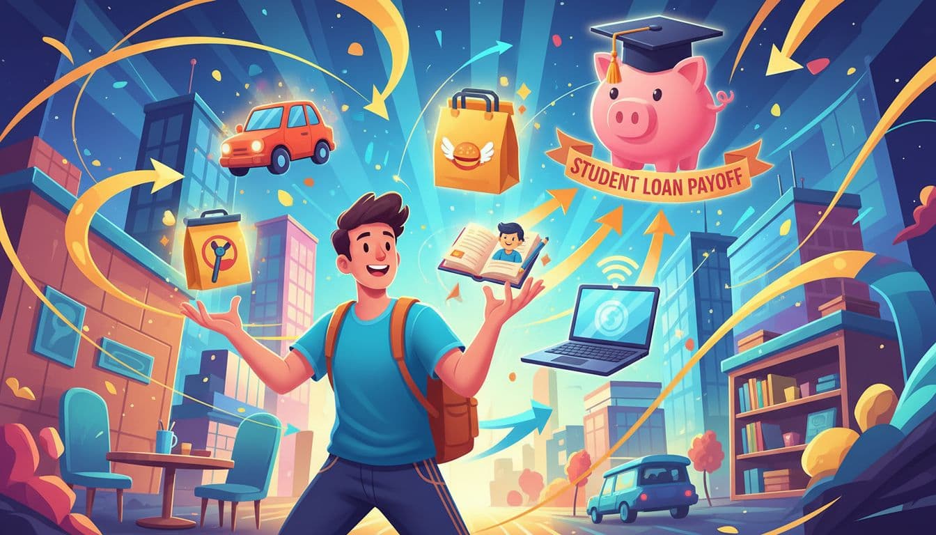 Motivational illustration of a person juggling multiple income streams like rideshare, delivery, tutoring, and freelance work, aiming toward a student loan payoff goal. Image created with AI.