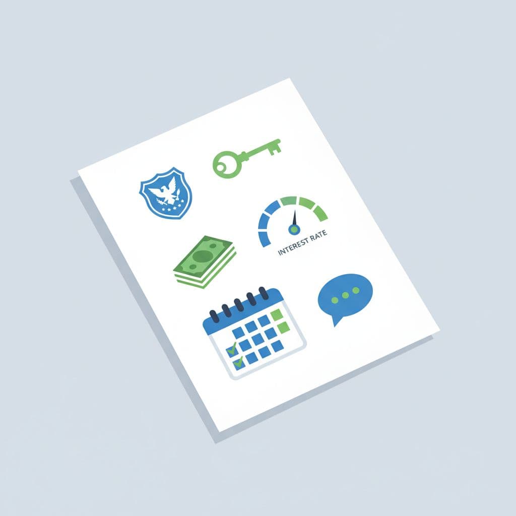 Minimalist illustration of a one-page loan summary sheet with icons for type, balance, rate, calendar, and notes. Image created with AI.