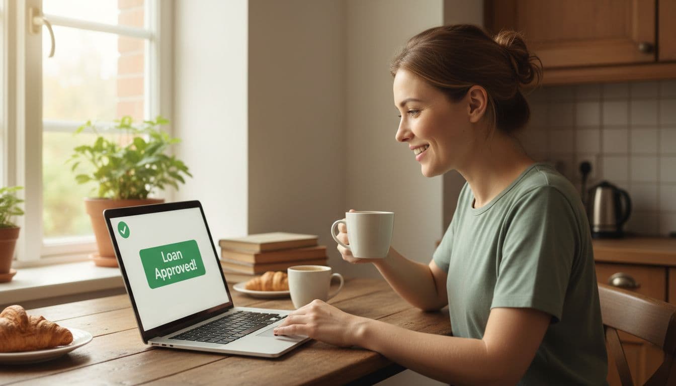 A relieved young woman in her 30s sitting at a kitchen table with a laptop, smiling as she sees loan approval notification on screen, soft natural light and a cozy home environment