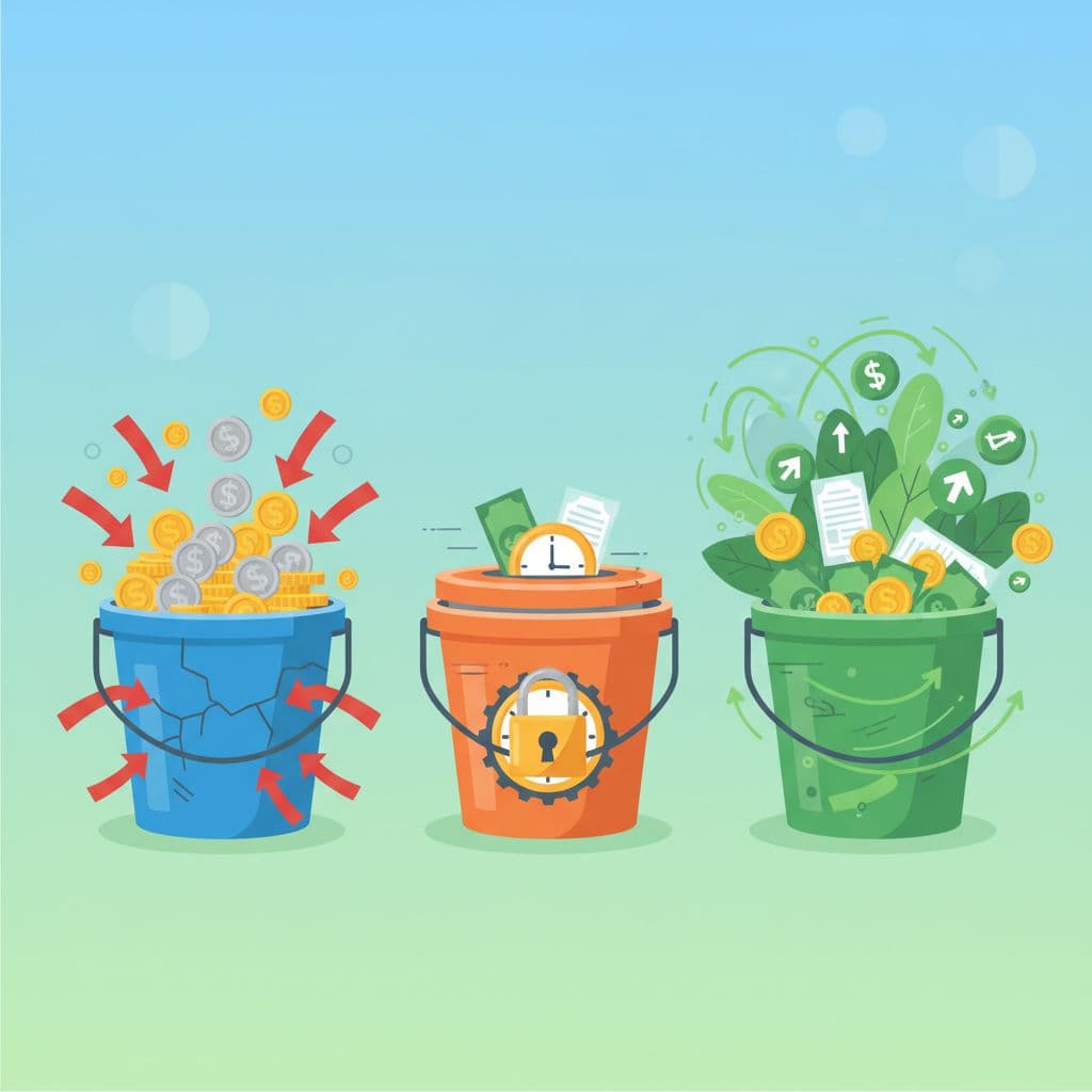 Three retirement money buckets: taxable with leaks, tax-deferred with a lock and clock, and tax-free overflowing with green growth. Image created with AI.