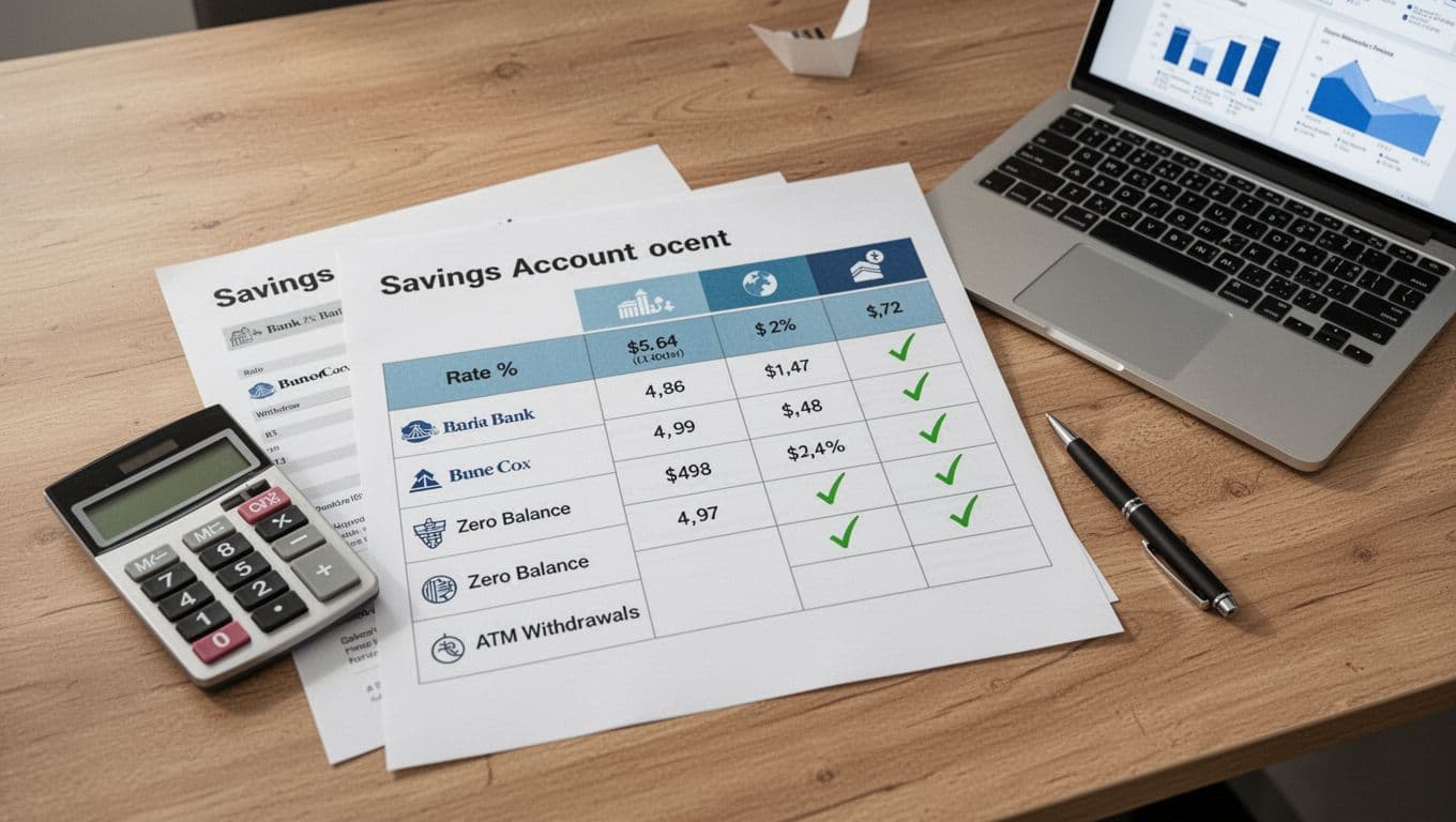 Photorealistic top-down view of a wooden desk featuring a clean comparison table with savings account details like bank names, interest rates, and feature checkmarks, accompanied by a calculator, pen, and laptop showing charts, in soft office lighting with no people.