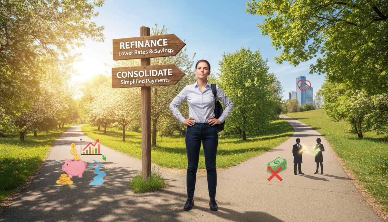 A motivated borrower choosing between three signposted paths: Refinance, Consolidate, and Forgiveness, at a sunny park crossroads. Image created with AI.