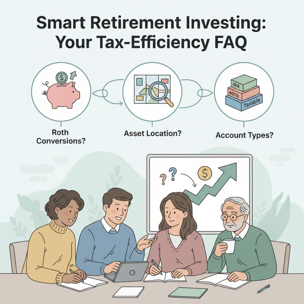 Friendly FAQ illustration featuring icons for Roth conversions, asset location, and account types, with a diverse group discussing finances around a table. Image created with AI.