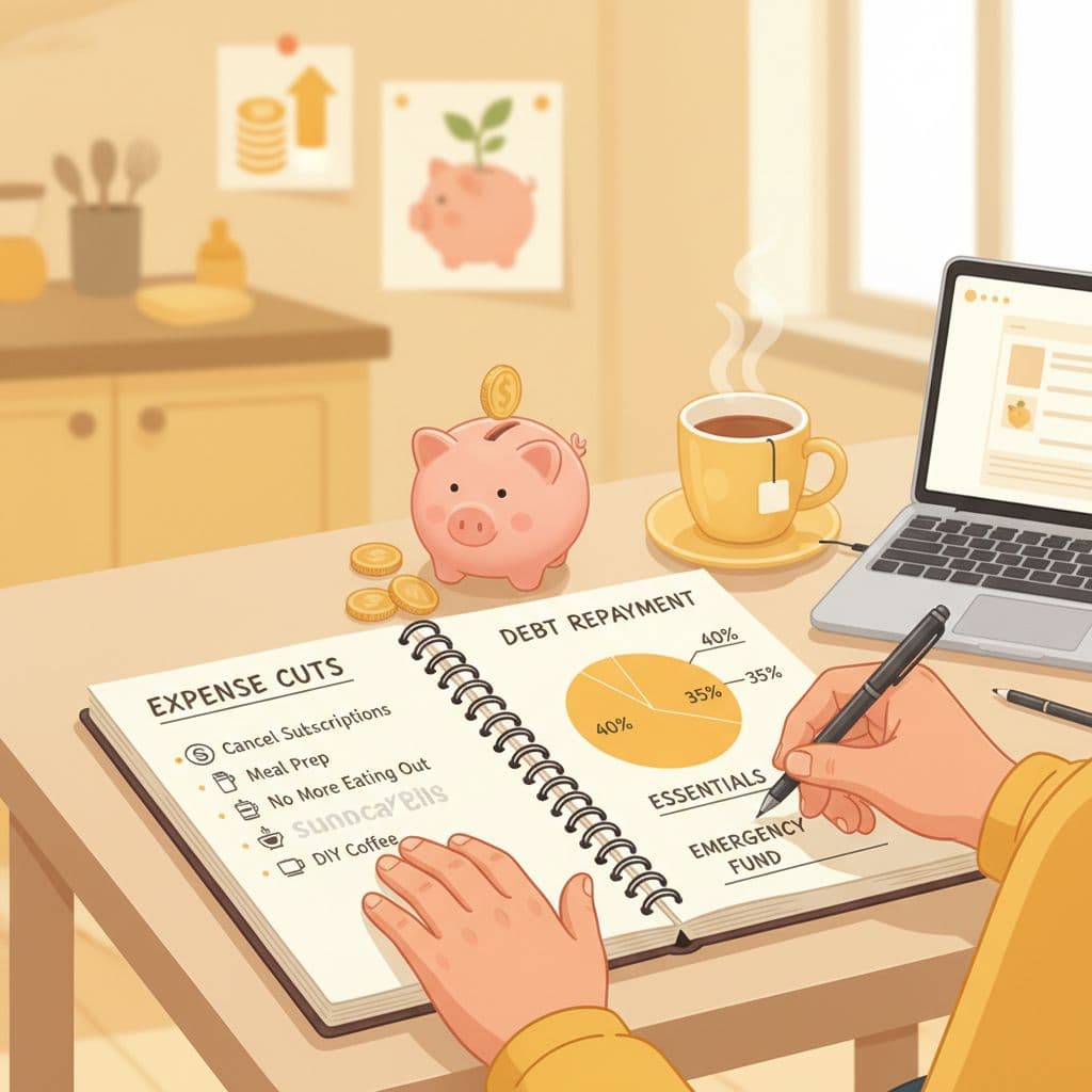 Illustration of a person building a tight budget with a notebook, meal prep plan, and a small emergency fund piggy bank. Image created with AI.