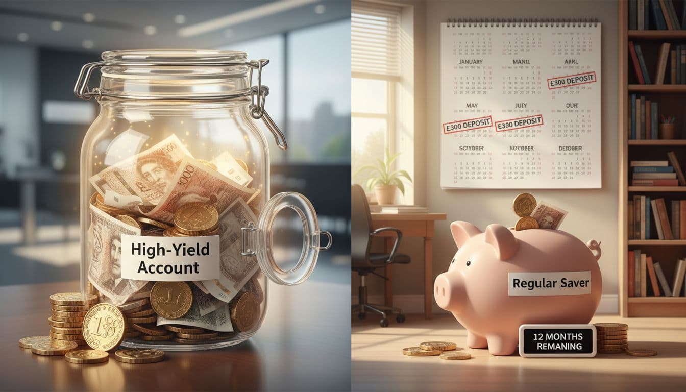 Split visual comparing a high-yield account with easy access alongside a calendar-based regular saver with monthly deposits and a 12-month timer. Image created with AI.