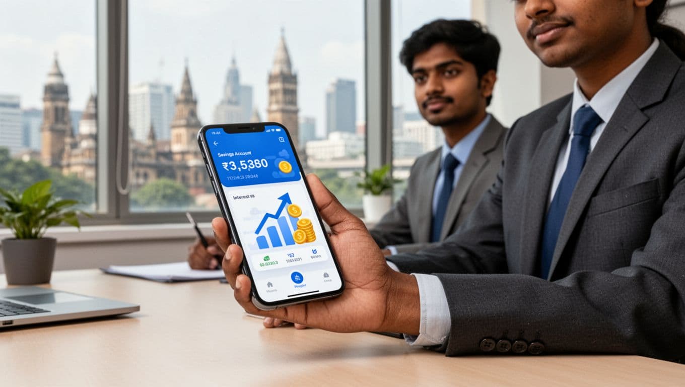 A young Indian professional in modern office attire sits at a desk holding a smartphone displaying a banking app with savings account balance and interest growth icons like graphs and coins. Subtle Mumbai city skyline in the background with natural daylight lighting.