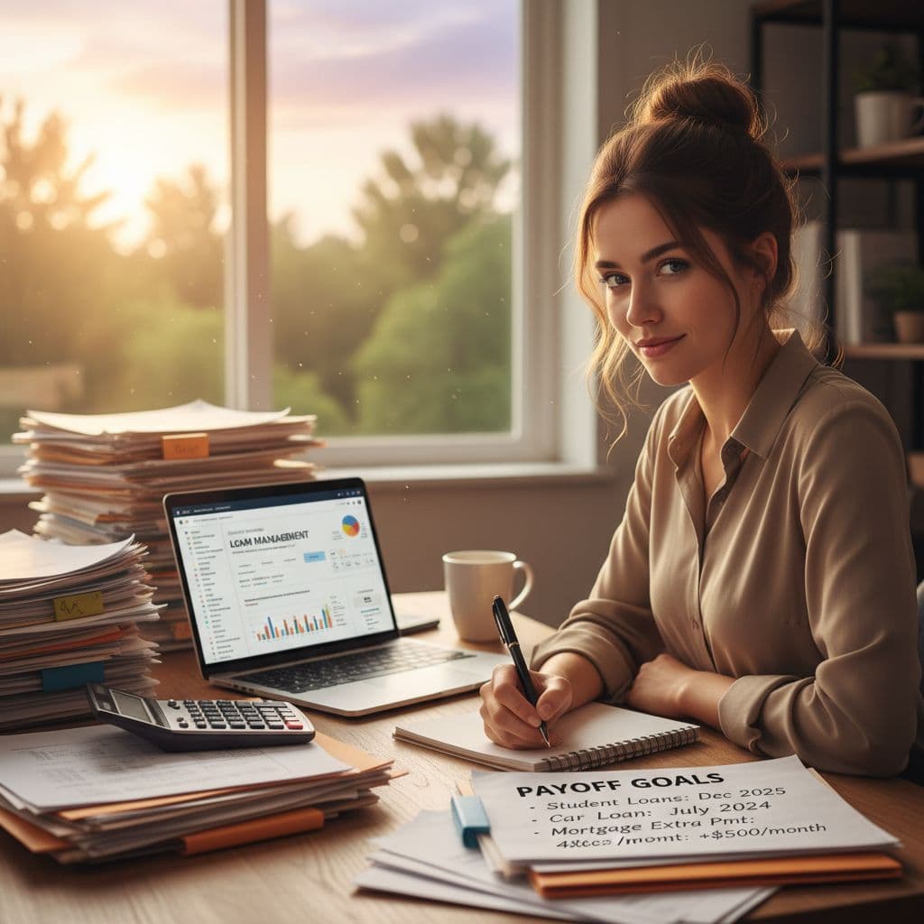 A focused young professional at a home desk with a laptop showing a loan dashboard, calculator, and notes about payoff goals. Image created with AI.