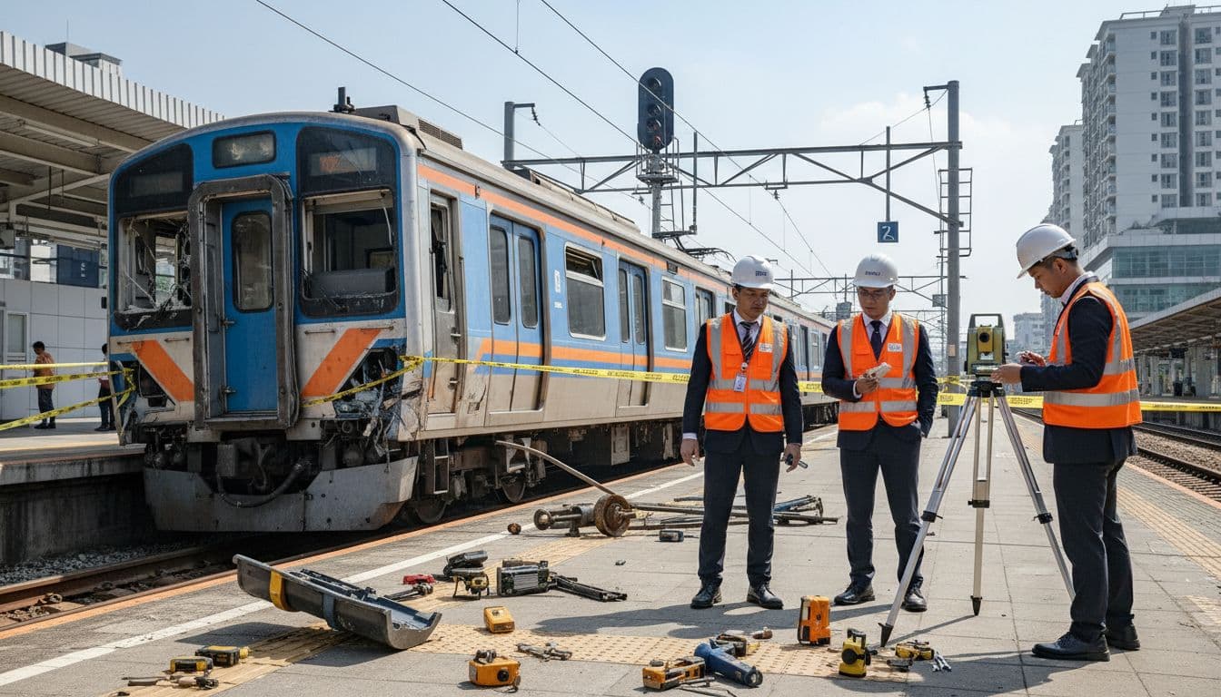 Three investigators in vests inspect mangled train wreckage and rail signals at Bekasi Timur station with scattered tools and yellow caution tape.