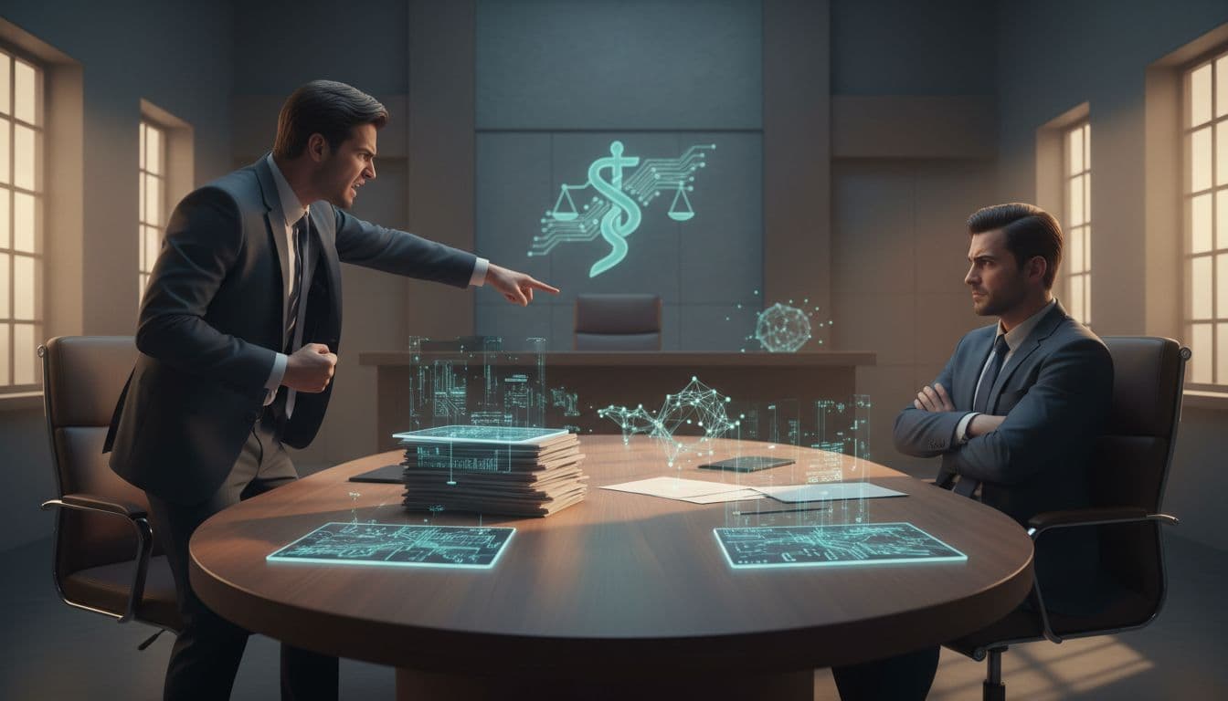 Two suited figures debate at a table with circuit-pattern documents, judge's bench in background.