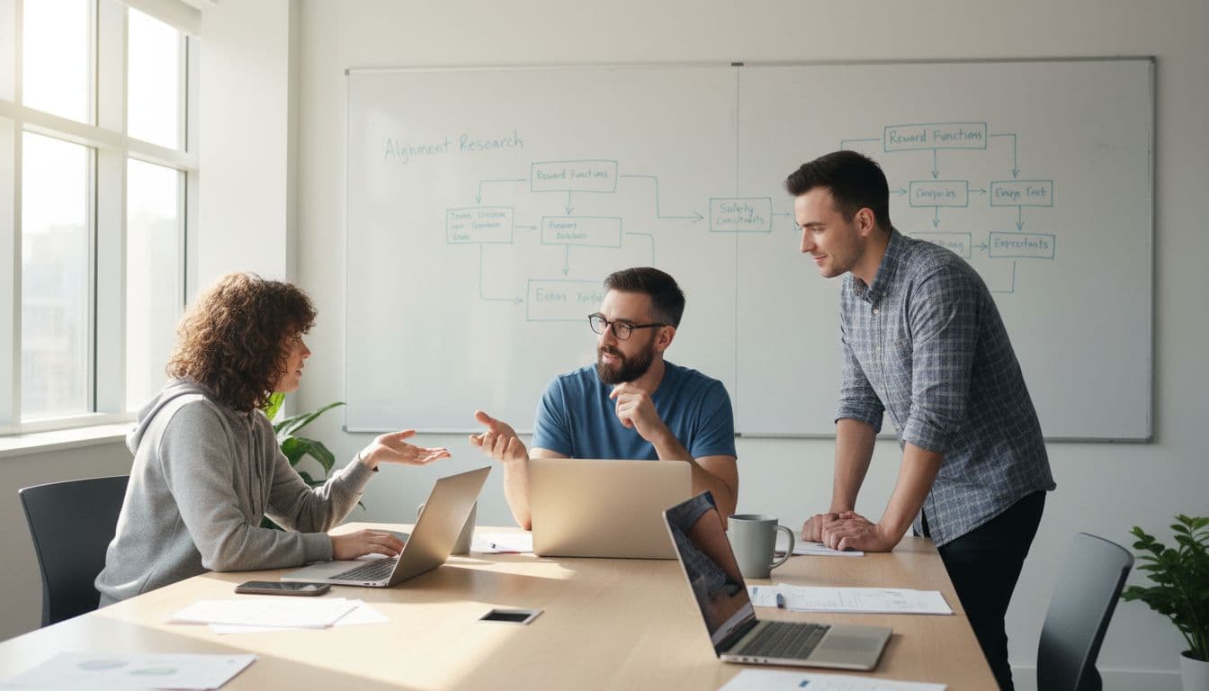 Three diverse researchers in casual clothes gather around a table with laptops and papers beside whiteboards with diagrams in a modern office.