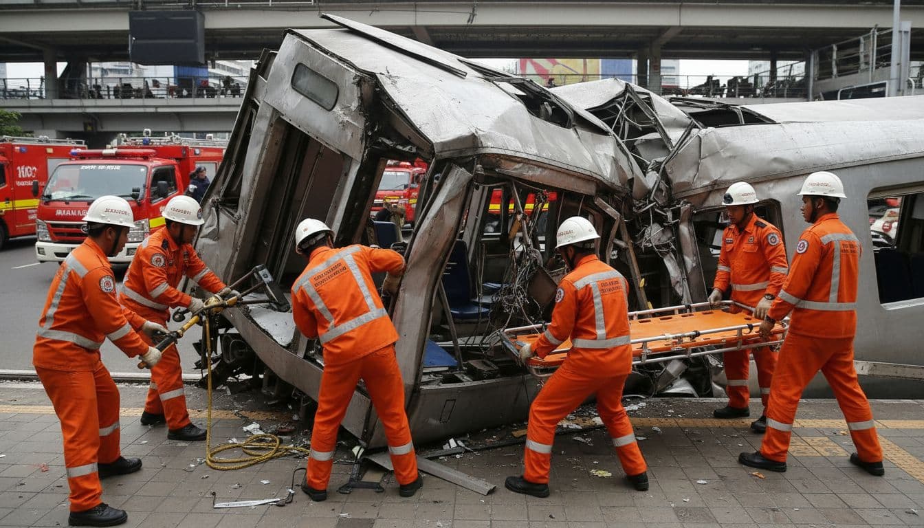 Six rescuers in orange vests and helmets coordinate with tools and stretchers around twisted commuter train wreckage at urban station.