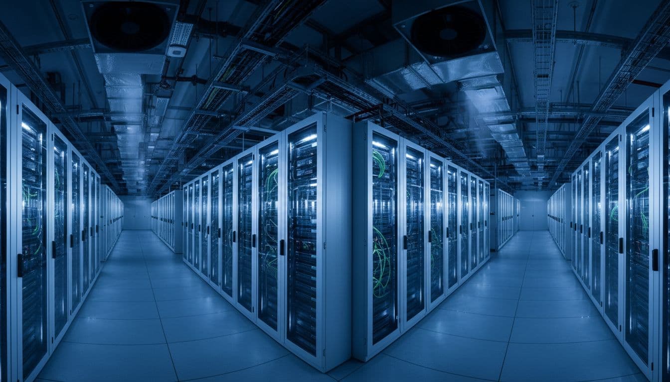 Rows of glowing server racks and cooling systems fill expansive high-tech facility.