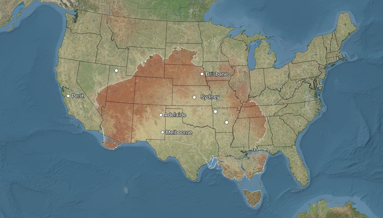 Satellite map overlays Australia onto contiguous United States, marking cities like Sydney and Perth to show scale. Helpful resources to use before you book Australia.