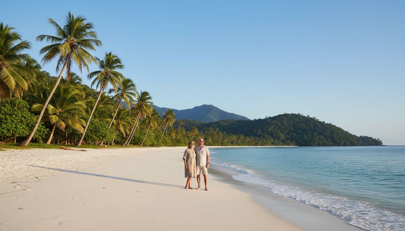 Couple in 50s stands relaxed on white sand tropical north beach near Cairns with turquoise ocean, palms, rainforest backdrop, golden hour light.