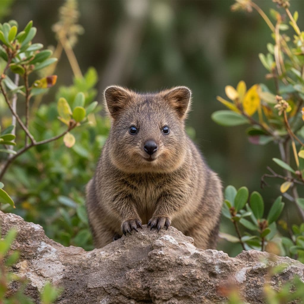Quokka sits on rock in green bush with curious expression, close-up blurred background.