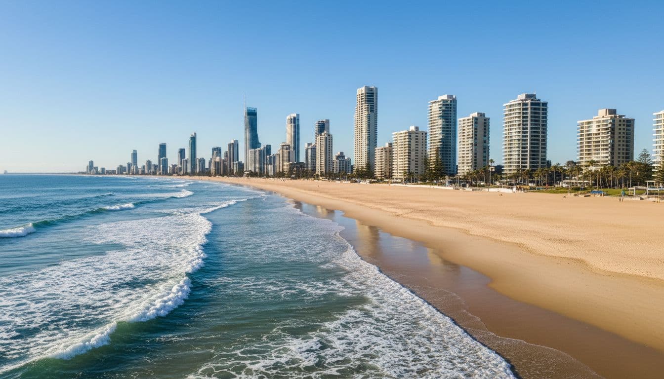 Empty golden sand beach on Queenslands Gold Coast with turquoise waves and high-rise buildings under sunny skies.