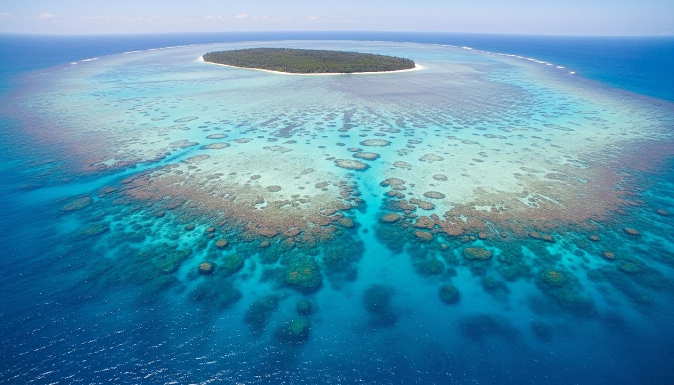 Aerial view of turquoise waters over coral formations in Great Barrier Reef, distant tropical island, clear skies. Just one of the 7 reasons seniors should visit Australia from the US